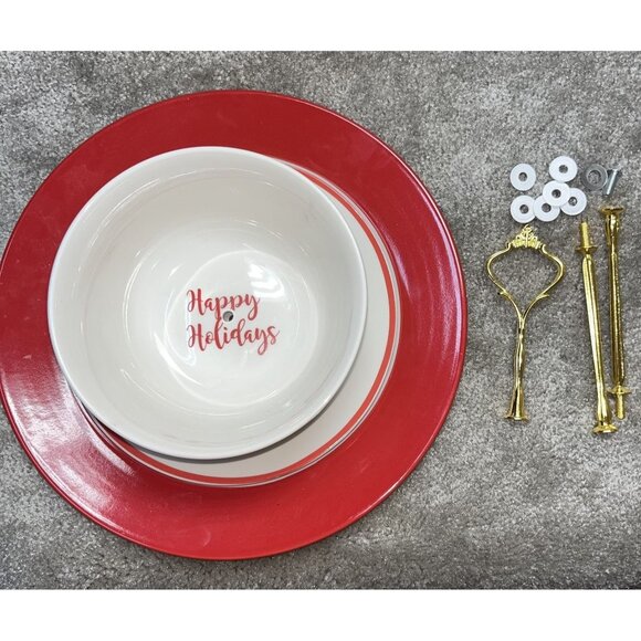 Christmas 3-Tier Ceramic Serving Stand Tid Bit With Gold Handle Holiday Parties - Picture 3 of 8